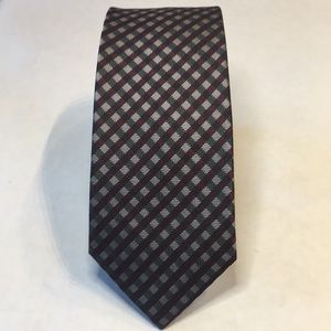 MEXX- Gray with maroon and black check pattern. 100% silk narrow tie. Like New
